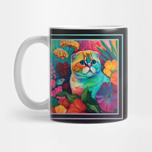 Surprised Scottish Fold Cat Vibrant Tropical Flower Digital Oil Painting Portrait Mug